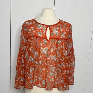 Lucky Brand orange floral print crinkle fabric top size medium